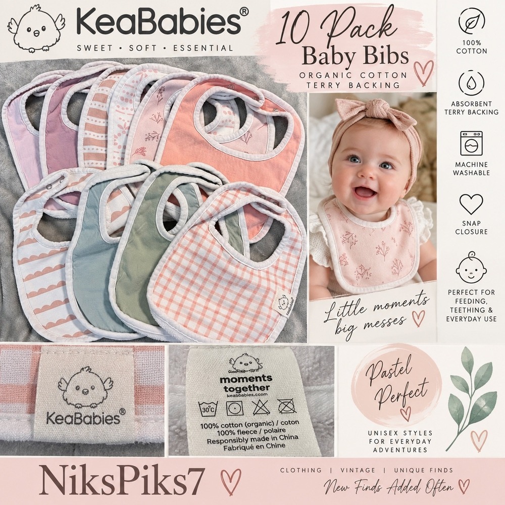 KeaBabies Baby Bibs 10 Pack Organic Cotton Terry Snap Pastel Unisex